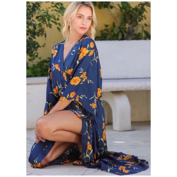SOLD OUT CLEARANCE Navy Floral Kimono Tie Front Tassel Maxi Dress - Picture 2 of 7